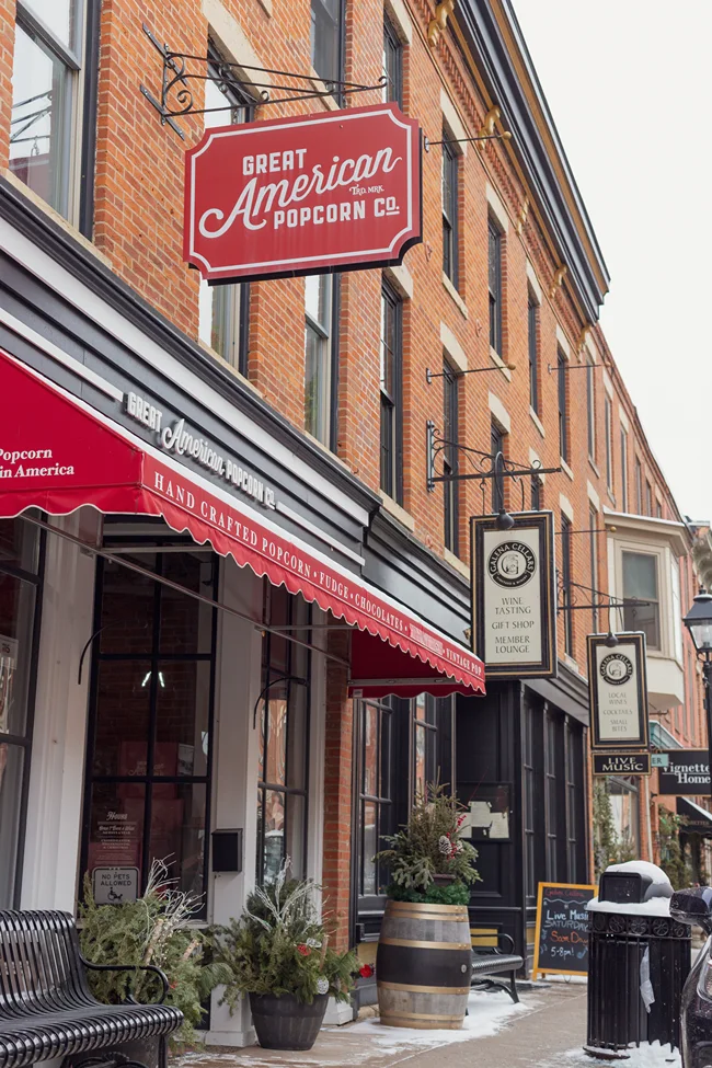 Exterior of American Popcorn Co on Main Street Galena Illinois, featuring the storefront and signage