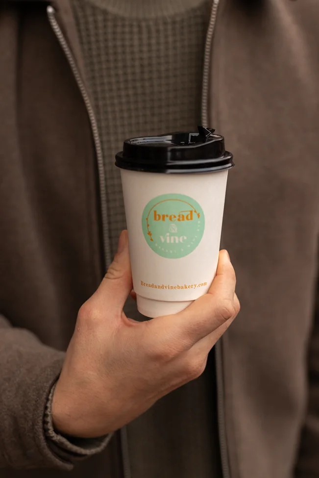 To-go cup of hot chocolate from Bread & Vine in Galena Illinois