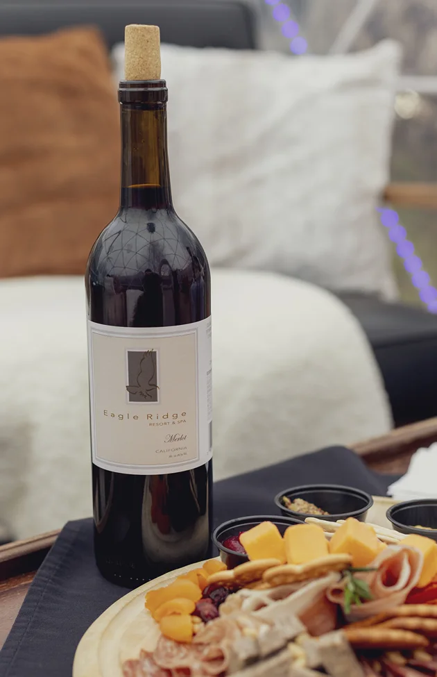 Wine bottle next to a charcuterie board inside an igloo at Eagle Ridge Resort in Galena Illinois