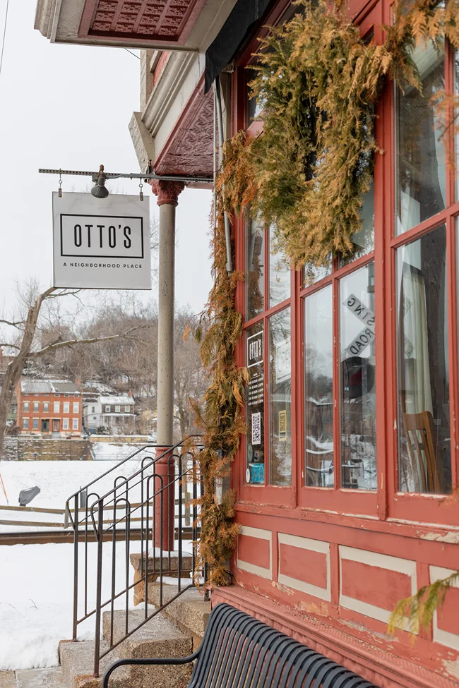 Exterior of Otto’s Breakfast in Galena Illinois with snow-covered streets and winter scenery