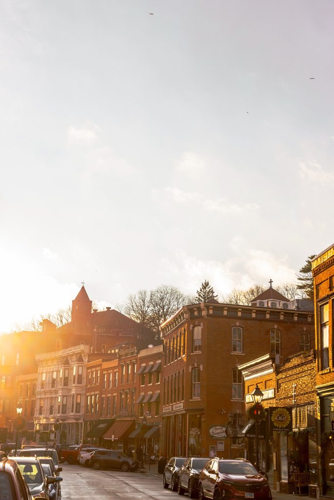Sunset over Main Street in Galena, Illinois, highlighting historic architecture and charming Midwest travel experiences