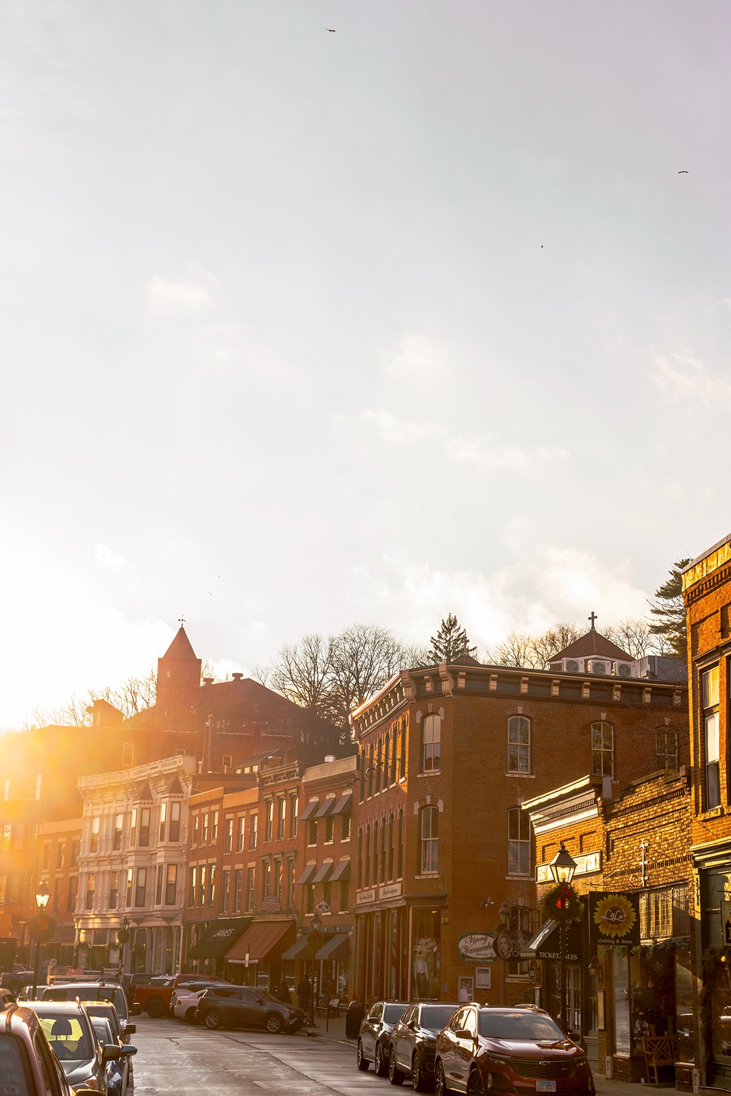 Sunset over Main Street in Galena, Illinois, highlighting historic architecture and charming Midwest travel experiences